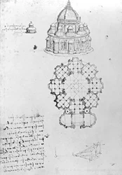 Église centralisée et ingénierie maritime, fol. 5v du Codex Ashburnham (anciennement partie du Manuscrit B (2184), vers 1488